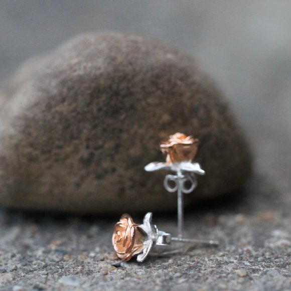 Rose Flower Earrings Rose Gold Flower Earrings Lovers Valentines day gift Her - Picture 4 of 12